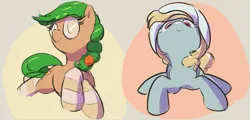 Size: 779x374 | Tagged: safe, artist:vultraz, ponerpics import, oc, oc:fair flyer, oc:morning mimosa, earth pony, pegasus, pony, clothes, female, glasses, image, looking at you, mare, png, sitting, snowpity inc., socks