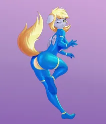 Size: 1700x2000 | Tagged: suggestive, alternate version, artist:junglemango, derpibooru import, derpy hooves, anthro, pegasus, plantigrade anthro, bodysuit, breasts, bubble butt, busty derpy hooves, butt, clothes, erect nipples, female, floppy ears, grin, image, looking at you, looking back, looking back at you, nipple outline, one eye closed, png, sideboob, smiling, solo, solo female, uniform, wink, winking at you, wonderbolts uniform