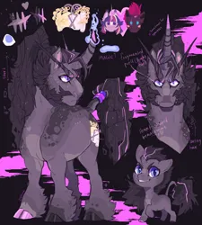 Size: 848x943 | Tagged: safe, artist:dingobreath, oc, oc:poetic justice, unofficial characters only, pony, unicorn, bust, cloven hooves, coat markings, colt, curved horn, dark background, eyebrows, facial hair, full body, horn, image, jpeg, leg fluff, magical lesbian spawn, male, multicolored hooves, next generation, offspring, pale belly, parent:tempest shadow, parent:twilight sparkle, parents:tempestlight, ponytail, reference sheet, self paradox, solo, stallion