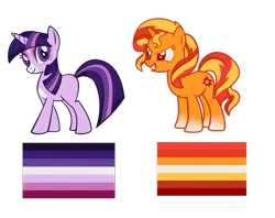 Size: 1195x947 | Tagged: safe, artist:vernorexia, derpibooru import, sunset shimmer, twilight sparkle, pony, unicorn, cardboard twilight, coloring page, female, g4, image, lesbian, lesbian pride flag, moon lesbian, png, pride, pride flag, recolor, sun lesbian