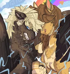 Size: 871x917 | Tagged: safe, artist:dingobreath, dumbbell, hoops, pegasus, pony, alternate design, coat markings, colored wings, couple, dumbhoops, duo, duo male, eyebrows visible through hair, facial hair, gay, hair over eyes, hug, image, jpeg, lightning, male, rainbow, shipping, sky background, stallion, teeth, winghug, wings