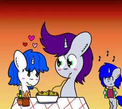 Size: 2517x2246 | Tagged: safe, artist:thunderrainbowshadow, derpibooru import, written script, oc, oc:misty hope, oc:silver bell, pony, unicorn, blushing, canon x oc, eyes closed, female, food, image, lady and the tramp, male, mare, pasta, png, shipping, spaghetti, stallion, straight, traditional art, trio