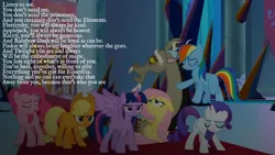 Size: 1192x670 | Tagged: safe, derpibooru import, edit, edited screencap, editor:quoterific, screencap, applejack, discord, fluttershy, pinkie pie, rainbow dash, rarity, twilight sparkle, twilight sparkle (alicorn), alicorn, the beginning of the end, image, jpeg, mane six, quote, speech, talking, text, weak