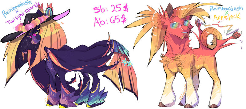 Size: 1280x569 | Tagged: safe, artist:dingobreath, oc, unofficial characters only, bat pony, earth pony, pony, adoptable, alternate design, auction, bat wings, coat markings, colored hooves, feathered fetlocks, female, folded wings, glasses, hat, image, jpeg, magical lesbian spawn, male, mare, offspring, parent:applejack, parent:rainbow dash, parent:twilight sparkle, parents:appledash, parents:twidash, simple background, stallion, standing, tail feathers, twitterina design, white background, wing claws, wings