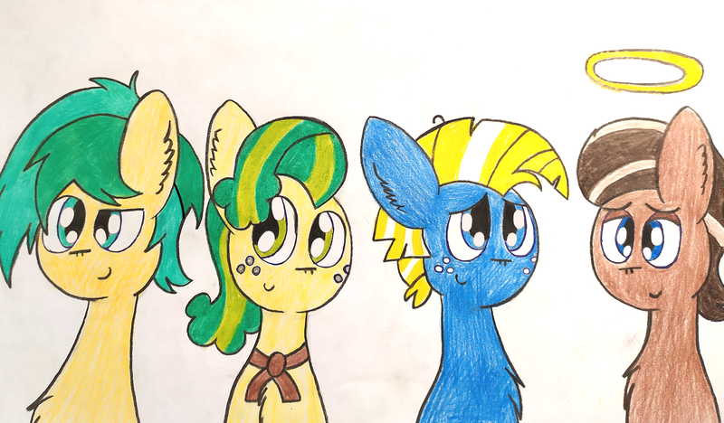 Size: 3354x1962 | Tagged: safe, artist:thunderrainbowshadow, derpibooru import, pistachio, sandbar, star tracker, earth pony, pony, direct tunes, group, halo, image, male, older, older pistachio, older sandbar, older star tracker, png, stallion, traditional art