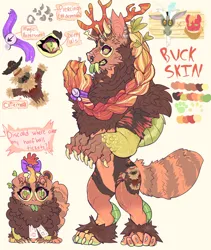 Size: 828x983 | Tagged: safe, artist:dingobreath, oc, oc:buckskin, oc:buckskin wheat, unofficial characters only, draconequus, hybrid, alternate design, antlers, apple, braid, cutie mark, draconequus oc, ear piercing, female, food, furry, furry oc, hair hold, horns, image, interspecies offspring, jpeg, leaves in hair, magical gay spawn, next generation, offspring, parent:big macintosh, parent:discord, parents:discomac, piercing, raccoon tail, reference sheet, reindeer antlers, self paradox, sharp teeth, solo, teeth, tongue out, twitterina design