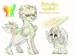 Size: 1023x781 | Tagged: safe, artist:dingobreath, oc, oc:honeydew raindrop, unofficial characters only, pegasus, pony, beige background, butt feathers, chest fluff, colt, cutie mark, feathered fetlocks, folded wings, grumpy, image, jpeg, magical lesbian spawn, male, next generation, offspring, parent:applejack, parent:fluttershy, parents:appleshy, reference sheet, self paradox, simple background, solo, spread wings, teenager, white background, wings