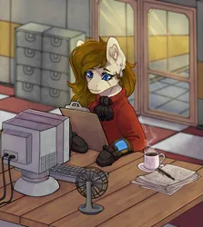 Size: 1315x1472 | Tagged: safe, artist:marzipannoli, derpibooru import, oc, oc:dusty heartwood, earth pony, pony, fallout equestria, ascot, ashes town, blue eyes, brown fur, brown mane, clipboard, coffee, coffee cup, coffee mug, commission, computer, cup, detailed background, doctor, facial scar, fallout equestria oc, fan, hospital, image, mug, paper, paperwork, pen, pipbuck, png, scar, steam, table, terminal, tiled floor