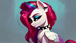 Size: 2688x1536 | Tagged: safe, derpibooru import, machine learning generated, stable diffusion, zipp storm, pegasus, pony, g5, ai content, alternate hairstyle, choker, ear piercing, earring, eyeshadow, female, generator:pony diffusion v5, image, jewelry, jpeg, lidded eyes, looking at you, makeup, mare, piercing, prompter:siber, simple background, sitting, smiling, smiling at you, solo, spiked choker