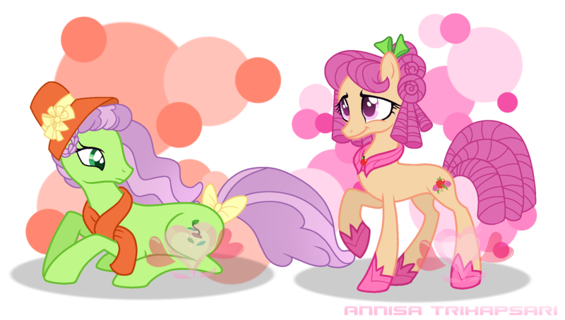 Size: 2421x1373 | Tagged: safe, artist:s0ftserve, artist:siti shafiyyah, derpibooru import, apple rose, auntie applesauce, earth pony, pony, base used, bow, duo, duo female, female, hair bow, hat, image, mare, png, princess, simple background, smiling, tail, tail bow, transparent background, watermark, young apple rose, young auntie applesauce, younger