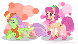 Size: 2421x1373 | Tagged: safe, artist:s0ftserve, artist:siti shafiyyah, derpibooru import, apple rose, auntie applesauce, earth pony, pony, base used, bow, duo, duo female, female, hair bow, hat, image, mare, png, princess, simple background, smiling, tail, tail bow, transparent background, watermark, young apple rose, young auntie applesauce, younger