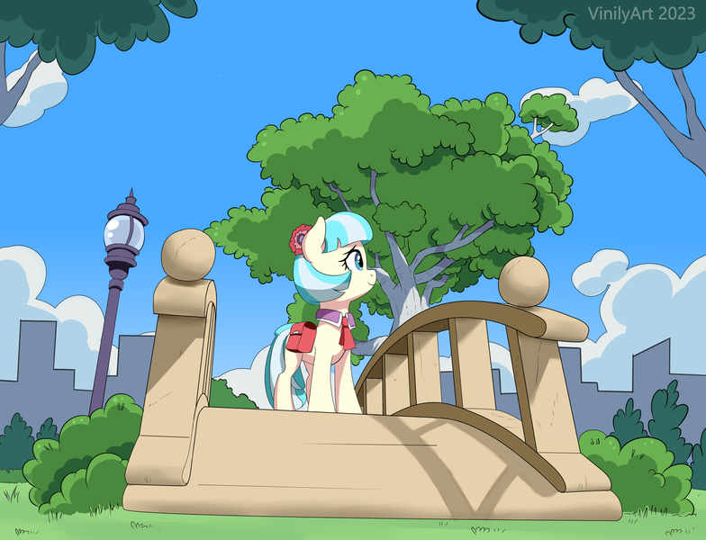 Size: 2973x2276 | Tagged: safe, artist:vinilyart, artist:vinilyart_d, derpibooru import, coco pommel, earth pony, pony, cloud, female, grass, high res, image, lamppost, mare, outdoors, png, sky, solo, tree