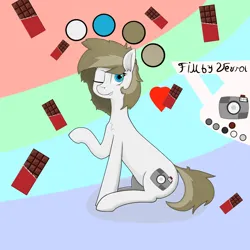 Size: 2000x2000 | Tagged: safe, artist:fimby_vevrol, derpibooru import, oc, oc:fimby vevrol, unofficial characters only, earth pony, pony, blue eyes, camera, chest fluff, chocolate, cutie mark, digital art, ear fluff, female, food, heart, image, one eye closed, open mouth, open smile, png, raised hoof, reference, reference sheet, simple background, sitting, smiling, solo, teeth