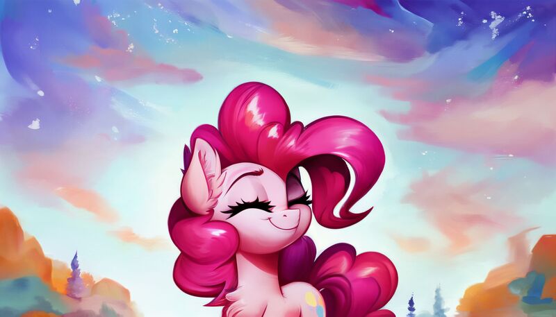 Size: 2688x1536 | Tagged: safe, derpibooru import, machine learning generated, stable diffusion, pinkie pie, earth pony, pony, ai content, cute, eyes closed, female, generator:pony diffusion v5, image, jpeg, mare, prompter:siber, smiling, solo