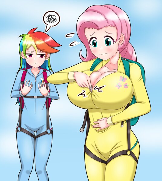 Size: 3571x4000 | Tagged: suggestive, artist:marurumadoka, derpibooru import, fluttershy, rainbow dash, human, air ponyville, big breasts, breast envy, breasts, busty fluttershy, clothes, commission, huge breasts, humanized, image, jpeg, jumpsuit, parachute, zipper