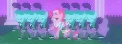 Size: 1565x574 | Tagged: safe, derpibooru import, screencap, pinkie pie, spring melody, sprinkle medley, earth pony, pony, the best night ever, beautiful, bedroom eyes, canterlot, clothes, cropped, cute, dress, fantasy, gala dress, gown, grand galloping gala, image, jpeg, night, raised hoof