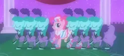 Size: 1454x656 | Tagged: safe, derpibooru import, screencap, pinkie pie, spring melody, sprinkle medley, earth pony, pony, the best night ever, beautiful, canterlot, clothes, cropped, cute, dancing, dress, fantasy, gala dress, gown, grand galloping gala, image, jpeg, night, raised hoof, smiling