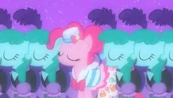 Size: 2019x1148 | Tagged: safe, derpibooru import, screencap, pinkie pie, spring melody, sprinkle medley, earth pony, pony, the best night ever, beautiful, canterlot, clothes, cute, dancing, dress, eyes closed, fantasy, female, gala dress, gown, grand galloping gala, image, jpeg, mare, night, smiling, stars