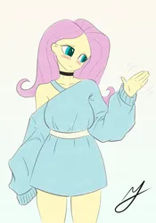 Size: 2100x3000 | Tagged: safe, artist:moogood, derpibooru import, fluttershy, equestria girls, belt, blushing, blushing profusely, breasts, choker, clothes, colored, colored pupils, cute, derpibooru exclusive, dress, ear, eyebrows, female, gradient background, hand, high res, image, looking away, outfit, png, pupils, simple background, solo, standing, sweater, sweater dress, sweatershy, thighs, waving, wavy mouth