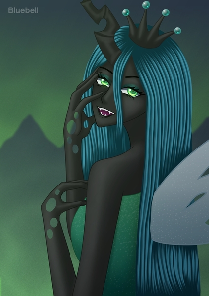Size: 1000x1414 | Tagged: safe, artist:bluebell, derpibooru import, queen chrysalis, changeling, changeling queen, human, equestria girls, antagonist, dark background, eerie, female, humanized, image, jpeg, looking at you, villainess, villains of equestria