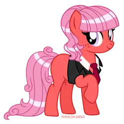 Size: 900x903 | Tagged: safe, artist:jennieoo, derpibooru import, oc, oc:sweet spot, earth pony, pony, clothes, freckles, gift art, image, looking at you, meta, necktie, png, raffle prize, raffle winner, show accurate, simple background, smiling, smiling at you, solo, suit, transparent background, twitter, vector