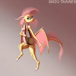 Size: 1920x1920 | Tagged: safe, artist:shido-tara, derpibooru import, fluttershy, dragon, bag, blue eyes, dragoness, female, horns, image, looking at you, png, scales, simple background, smiling, tail, yellow body
