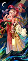 Size: 952x2048 | Tagged: safe, artist:卯卯七, derpibooru import, applejack, rainbow dash, bird, human, bell, blushing, breasts, cleavage, clothes, dress, female, hairclip, headdress, holding hands, humanized, image, jewelry, jpeg, kimono (clothing), lantern, lesbian, looking at you, moon, necklace, paper lantern, ponytail, ribbon, smiling, smiling at you, stars, winged humanization, wings