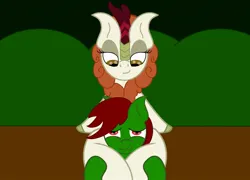 Size: 1920x1380 | Tagged: suggestive, artist:the lunar archer, derpibooru import, autumn blaze, oc, oc:pastel dice, earth pony, kirin, pony, 2022, autel, commission, commissioner:equestriaguy637, duo, duo male and female, earth pony oc, female, femdom, head between legs, headlock, hooves on hips, image, jpeg, leg lock, looking at each other, looking at someone, male, malesub, shipping, smiling, straight, submissive, thigh crush, thighs, thunder thighs, wavy mouth