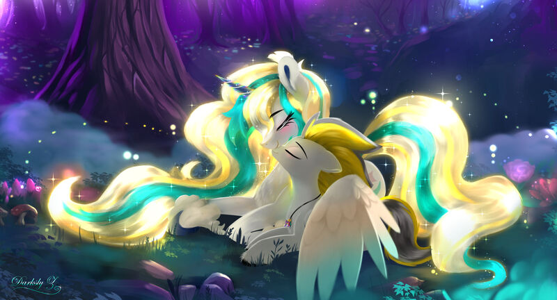Size: 2400x1295 | Tagged: safe, artist:darksly, derpibooru import, oc, unofficial characters only, pegasus, pony, duo, eyes closed, hug, image, jpeg, long mane, long tail, lying down, nuzzling, outdoors, tail, tree, winghug, wings