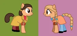 Size: 850x398 | Tagged: safe, artist:fantasygirls56, derpibooru import, ponified, earth pony, pony, braid, braided tail, clothes, cousin, delaney lamb, dress, female, g4, green background, image, kids, madison lamb, mare, overalls, pink background, png, ponytails, shirt, shoes, simple background, tail, tights, yo gabba gabba!