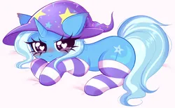 Size: 1540x948 | Tagged: safe, artist:arwencuack, derpibooru import, trixie, pony, unicorn, blushing, clothes, commission, cute, diatrixes, female, hat, heart, heart eyes, image, looking at you, mare, png, smiling, socks, solo, stockings, striped socks, thigh highs, trixie's hat, wingding eyes, ych result