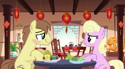 Size: 1213x674 | Tagged: safe, artist:starryc94, derpibooru import, luckette, rivet, earth pony, pony, background, base used, blushing, duo, duo male and female, female, image, luckivet, male, mare, png, restaurant, shipping, stallion, straight