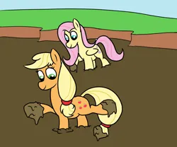 Size: 1200x1000 | Tagged: safe, artist:amateur-draw, derpibooru import, applejack, fluttershy, earth pony, pegasus, pony, female, image, mare, mud, mud bath, muddy, muddy hooves, png, quicksand, sinking, wet and messy