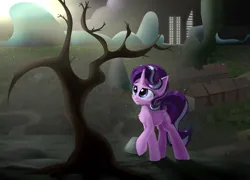 Size: 2500x1800 | Tagged: safe, artist:rainydark, derpibooru import, starlight glimmer, oc, unicorn, canon, destroyed, disaster, fog, gray, image, light, lightning, png, shadow, skyscraper, tree, village