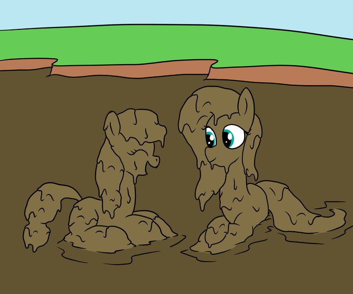 Size: 1200x1000 | Tagged: safe, artist:amateur-draw, derpibooru import, applejack, fluttershy, earth pony, pegasus, pony, covered in mud, definitely not kink, female, image, laughing, mare, mud, mud bath, mud play, mud pony, muddy, png, quicksand, wet and messy