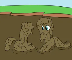 Size: 1200x1000 | Tagged: safe, artist:amateur-draw, derpibooru import, applejack, fluttershy, earth pony, pegasus, pony, covered in mud, definitely not kink, female, image, laughing, mare, mud, mud bath, mud play, mud pony, muddy, png, quicksand, wet and messy