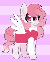 Size: 1410x1748 | Tagged: safe, artist:saveraedae, derpibooru import, oc, unofficial characters only, pegasus, pony, clothes, commission, dress, image, looking at you, pegasus oc, pink, pink background, png, simple background, solo, striped background, wings