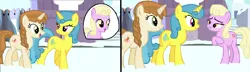 Size: 1515x439 | Tagged: safe, artist:starryc94, derpibooru import, lemon hearts, luckette, oc, oc:starry cake, earth pony, pony, unicorn, base used, canterlot, female, filly luckette, image, mare, parent:cinnamon chai, parent:donut joe, png, trio, younger