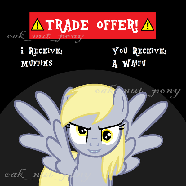 Size: 1600x1600 | Tagged: safe, artist:derpsa, derpibooru import, derpy hooves, pegasus, pony, dark background, female, image, looking at you, mare, meme, obtrusive watermark, png, simple background, smiling, smiling at you, smirk, solo, solo female, solo focus, spread wings, trade offer, trade offer meme, watermark, wings