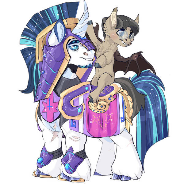 Size: 894x894 | Tagged: safe, artist:dingobreath, shining armor, oc, oc:waxing lyrical, bat pony, pony, unicorn, armor, bat wings, cloven hooves, colored hooves, colt, commission, curved horn, facial hair, glasses, helmet, horn, image, jpeg, male, ponies riding ponies, riding, scar, simple background, spread wings, stallion, standing, white background, wings