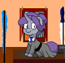 Size: 704x688 | Tagged: safe, artist:republic ball, derpibooru import, oc, oc:platinum xiii, unofficial characters only, pony, unicorn, bust, clothes, computer, crystal curtain: world aflame, curtains, desk, diarch, female, flag, flag pin, flower, horn, image, looking at you, mare, necktie, paint.net, png, portrait, princess, rose, sitting, sitting on desk, skirt, solo, solo female, unicorn oc, window