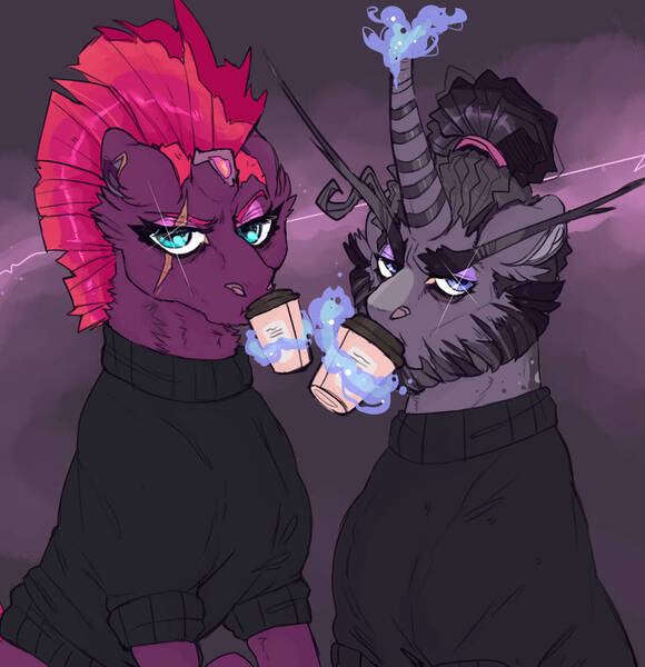 Size: 879x910 | Tagged: safe, artist:dingobreath, tempest shadow, oc, oc:poetic justice, pony, unicorn, broken horn, clothes, cup, drinking, eyebrows, eyeshadow, facial hair, female, gradient background, hair bun, headcanon in the description, horn, image, jpeg, levitation, looking at you, magic, magic aura, magical lesbian spawn, makeup, male, mare, mother and child, mother and son, offspring, parent:tempest shadow, parent:twilight sparkle, parents:tempestlight, scar, stallion, telekinesis