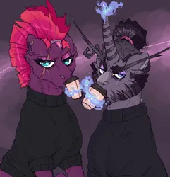 Size: 879x910 | Tagged: safe, artist:dingobreath, tempest shadow, oc, oc:poetic justice, pony, unicorn, broken horn, clothes, cup, drinking, eyebrows, eyeshadow, facial hair, female, gradient background, hair bun, headcanon in the description, horn, image, jpeg, levitation, looking at you, magic, magic aura, magical lesbian spawn, makeup, male, mare, mother and child, mother and son, offspring, parent:tempest shadow, parent:twilight sparkle, parents:tempestlight, scar, stallion, telekinesis