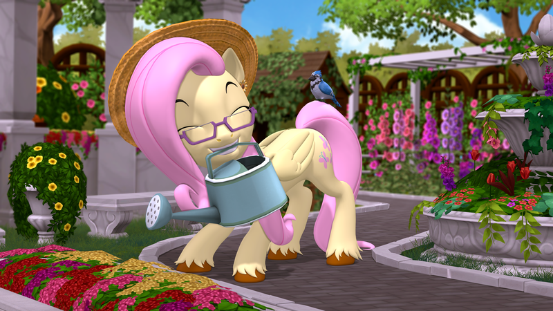 Size: 3840x2160 | Tagged: safe, artist:owlpirate, derpibooru import, fluttershy, bird, pegasus, pony, 3d, 4k, cute, eyes closed, female, flower, garden, glasses, grin, hat, high res, image, mare, mouth hold, png, shyabetes, smiling, solo, source filmmaker, sun hat, unshorn fetlocks, watering can