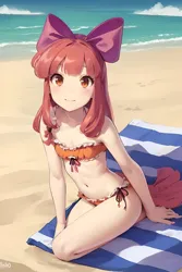 Size: 1024x1536 | Tagged: safe, derpibooru import, editor:sammykun, machine learning generated, apple bloom, human, adorabloom, ai content, applebetes, beach, beach towel, belly button, bikini, child, clothes, coast, cute, female, humanized, image, long hair, looking at you, ocean, png, sand, sitting, sky, smiling, smiling at you, solo, swimsuit, towel, water, wave