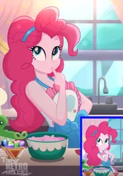 Size: 2000x2878 | Tagged: safe, artist:theretroart88, derpibooru import, screencap, gummy, pinkie pie, equestria girls, equestria girls series, the craft of cookies, spoiler:eqg series (season 2), apron, clothes, cropped, cute, diapinkes, female, finger in mouth, image, kitchen, png