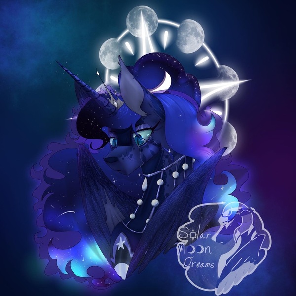 Size: 1440x1440 | Tagged: safe, artist:solarmoondreams, derpibooru import, princess luna, alicorn, pony, blue background, blue eyes, blue mane, bust, clothes, crown, crying, digital art, ethereal mane, eyeshadow, feather, female, flowing mane, g4, horn, image, jewelry, jpeg, logo, looking down, makeup, mare, night, peytral, portrait, regalia, sad, signature, simple background, solo, sparkles, starry mane, stars, teary eyes, wings