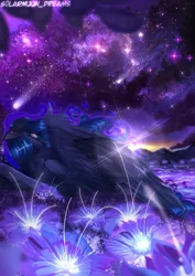 Size: 1414x2000 | Tagged: safe, artist:solarmoondreams, derpibooru import, princess luna, alicorn, pony, abstract background, beautiful, blue eyes, blue mane, cloud, crepuscular rays, digital art, dreamscape, eyelashes, feather, female, flower, flowing mane, g4, glow, high res, horn, image, lying down, mare, mountain, mountain range, night, png, river, rock, sad, shooting star, signature, sky, solo, sparkles, stars, sunlight, sunrise, tired, water, wings