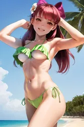 Size: 1024x1536 | Tagged: safe, derpibooru import, editor:sammykun, machine learning generated, apple bloom, human, adorabloom, ai content, applebetes, arm behind head, beach, beach towel, belly button, bikini, breasts, busty apple bloom, clothes, coast, cute, female, frilled swimsuit, humanized, image, long hair, looking at you, ocean, older, older apple bloom, palm tree, png, sand, sky, smiling, smiling at you, solo, swimsuit, towel, tree, tube top, underboob, water, wave