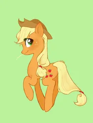 Size: 860x1140 | Tagged: safe, artist:utaaydote1, derpibooru import, applejack, earth pony, pony, blushing, female, green background, image, jpeg, looking back, mare, raised hoof, simple background, smiling, solo, straw in mouth